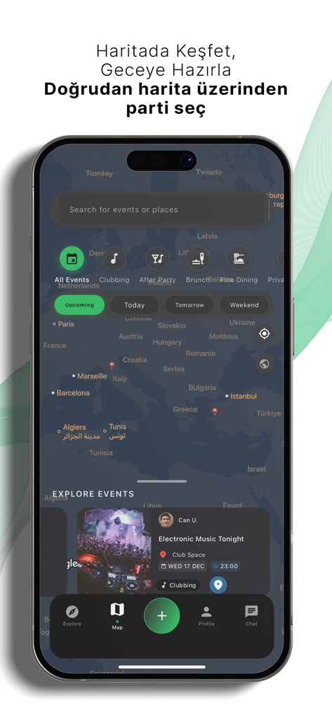 Tanışma, Arkadaşlık & Flört - Map view of the Skoal app showing local events and social activities with filters for clubbing and dining