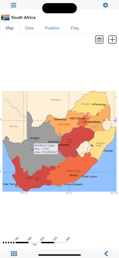 World atlas & world map MxGeo - Mapa político detallado de Sudáfrica que muestra la población regional y los datos de área en la aplicación de atlas mundial MxGeo.
