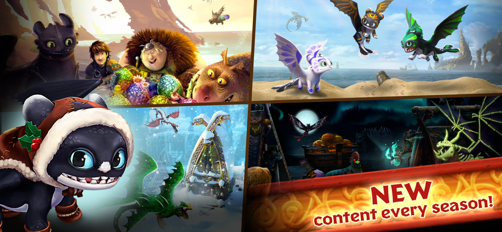 Dragons: Rise of Berk - Collage of seasonal game updates for Dragons Rise of Berk including holiday themes