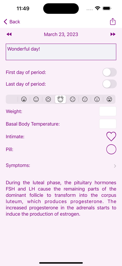 My Period Calendar - Registro diário de saúde no aplicativo Meu Calendário Menstrual apresentando seleção de humor, rastreamento de sintomas e informações sobre a fase do ciclo menstrual.