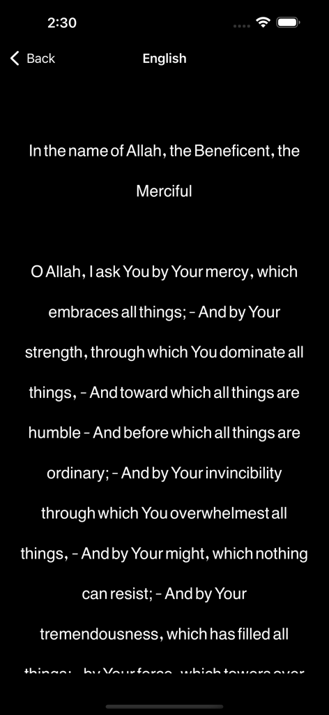 Dua Kumayl Supplication Prayer - English translation of the Dua Kumayl prayer text displayed in dark mode on the mobile app interface.