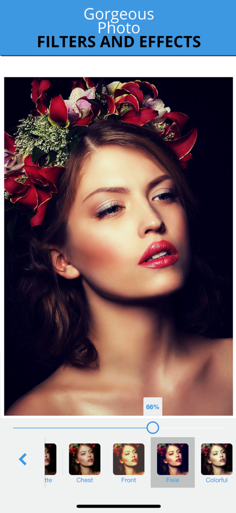 Interfaz de la aplicación Photo Studio que muestra varios filtros y efectos fotográficos aplicados a un retrato