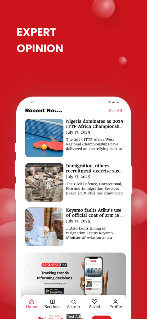 BusinessDay News mobile app interface highlighting expert opinion and a feed of recent news articles related to Nigeria.