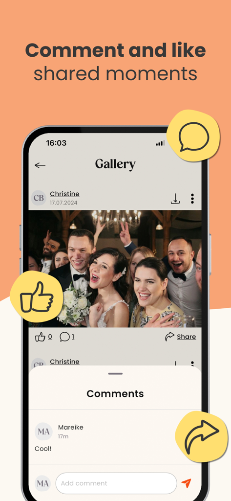 KRUU app interface showing an event photo gallery with likes and comments on a group picture