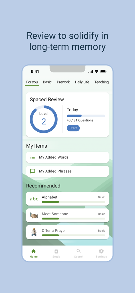 TALL Embark - TALL Embark app dashboard showing spaced review progress and recommended missionary language lessons like Offer a Prayer.
