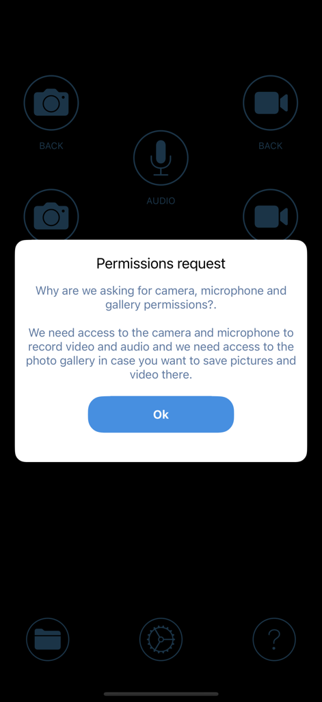 Camera Eye (Former Easy Calc) - Camera Eye app showing a permissions request dialog for camera and microphone access