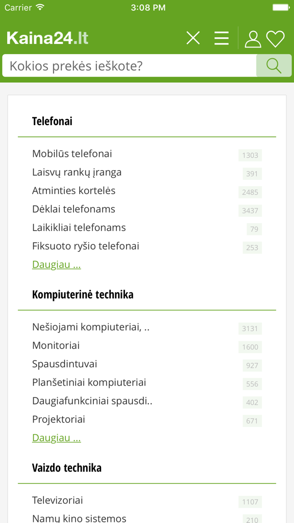 Kaina24.lt - Main screen of the Kaina24.lt price comparison app showing categories for phones, computers, and video equipment.