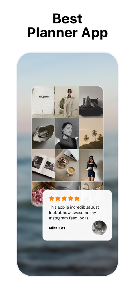 My Feed・Grid Preview & Planner - My Feed app interface showing an aesthetic Instagram grid preview with a five star user testimonial.