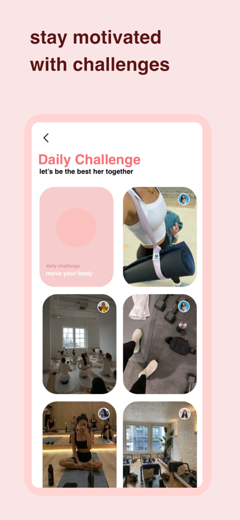 HerHelp app screen showing the daily challenge feature with a community grid of women participating in fitness activities