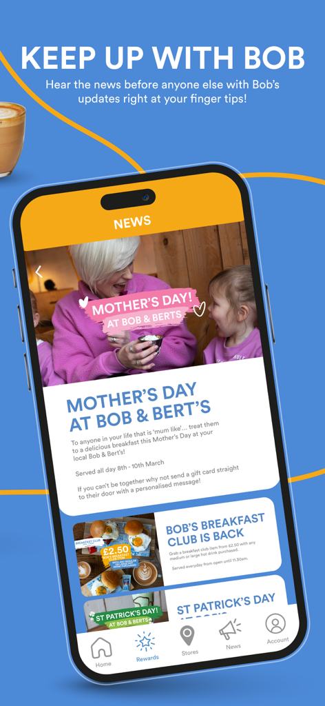Bob & Berts Loyalty - Der News-Bereich der Bob and Berts Loyalty App mit saisonalen Aktionen und Frühstücksangeboten
