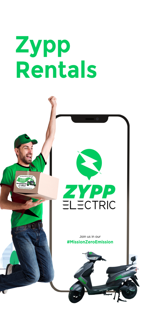 Promotional graphic for Zypp Electric featuring a happy delivery rider, the mobile app interface, and an electric scooter.