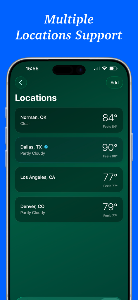 Aeravis Weather - Aplicación Aeravis Weather mostrando una lista de múltiples ubicaciones guardadas, incluyendo Norman, Dallas, Los Ángeles y Denver, con temperaturas actuales.