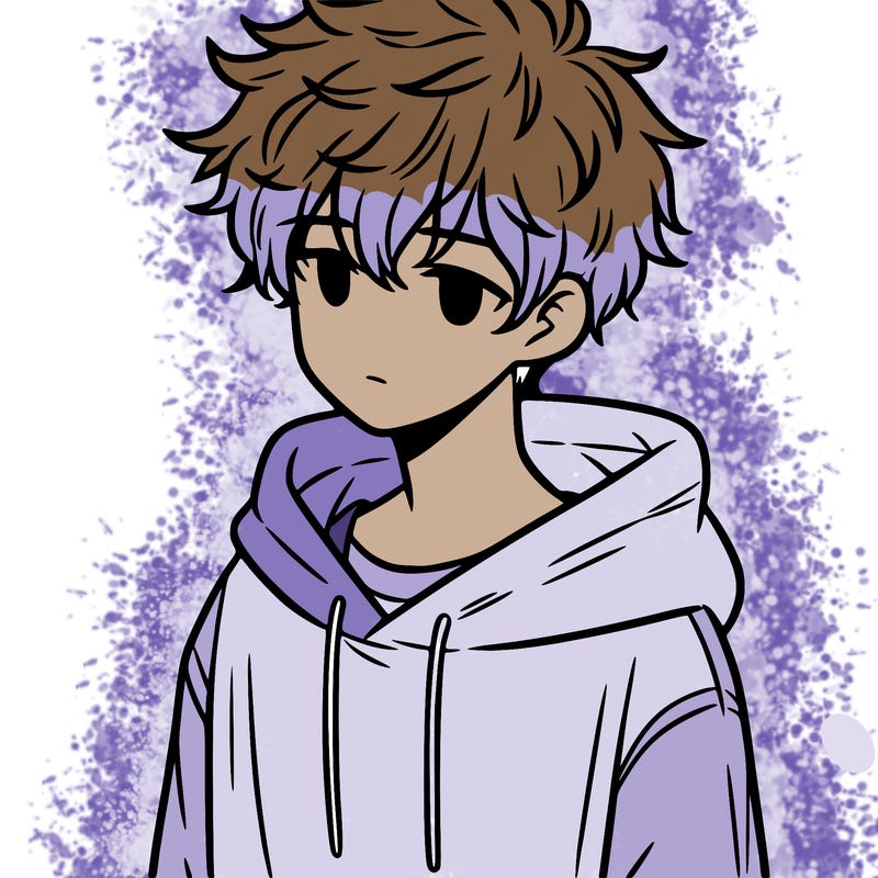 a teenage boy with messy and fluffy hair and a oversized hoodie on