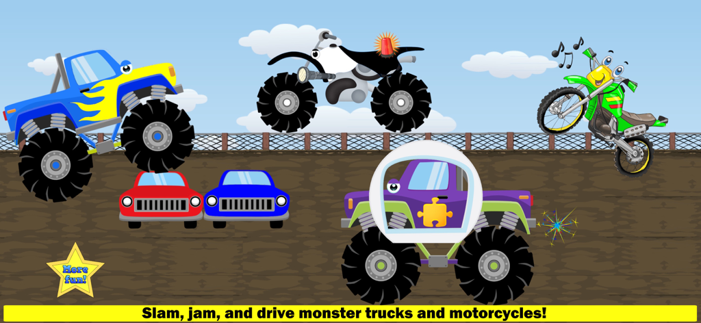 Monster Truck Games! Go Racing - Colorful cartoon monster trucks and motorcycles performing stunts on a dirt racing track for children.