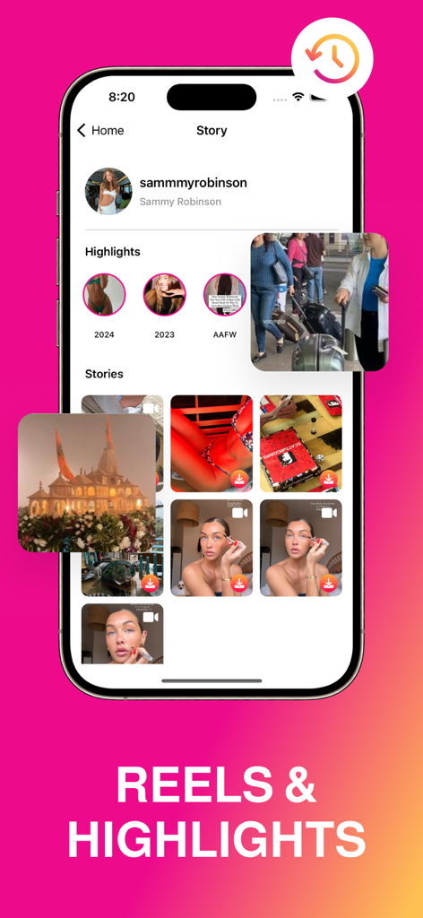 Story Saver: ig Insta Save - App interface showing Instagram Reels and Highlights available for download