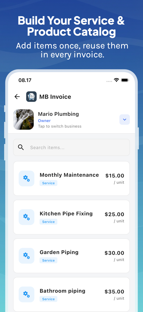 MB Invoice Maker - Bildschirm einer mobilen App, der einen Dienstleistungs- und Produktkatalog für ein Klempnerunternehmen mit verschiedenen Dienstleistungsposten und Preisen anzeigt