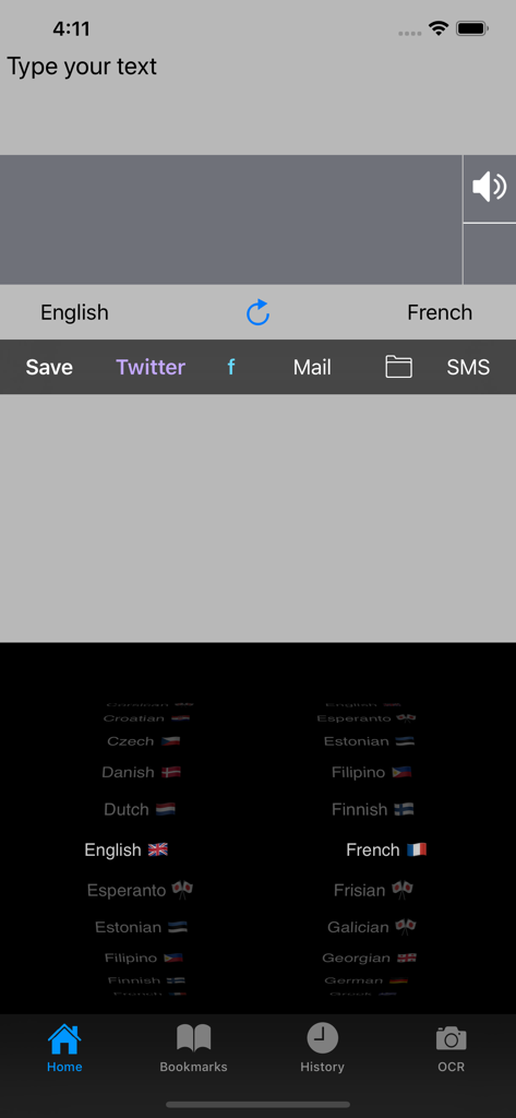 Mobile App-Oberfläche von Übersetzer Scanner, die die Sprachauswahl von Englisch nach Französisch mit Optionen zum Teilen per SMS oder sozialen Medien zeigt
