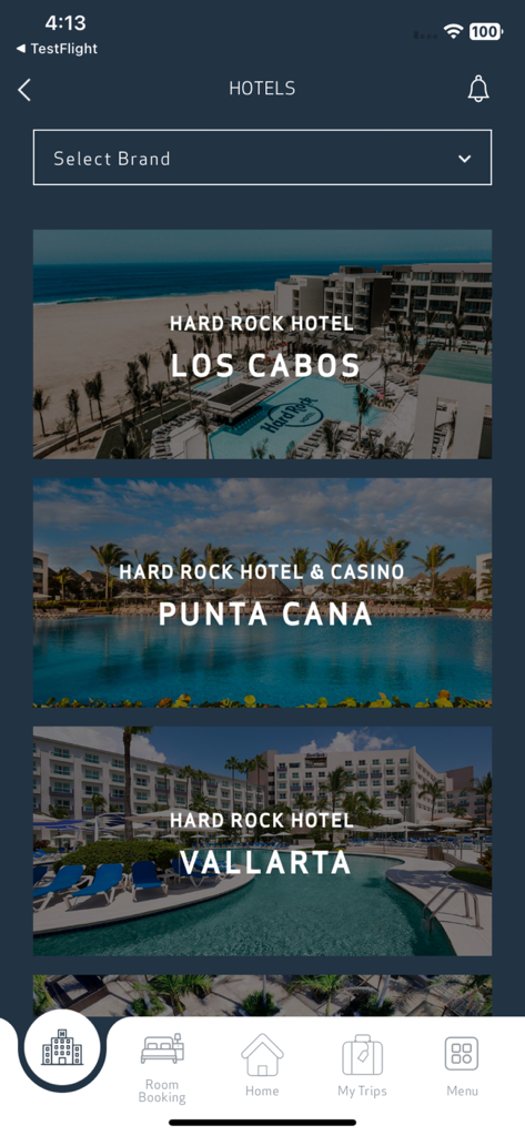 PAM Hotels App-Oberfläche, die Luxus-Resort-Angebote für Hard Rock Hotel Los Cabos und Punta Cana anzeigt.