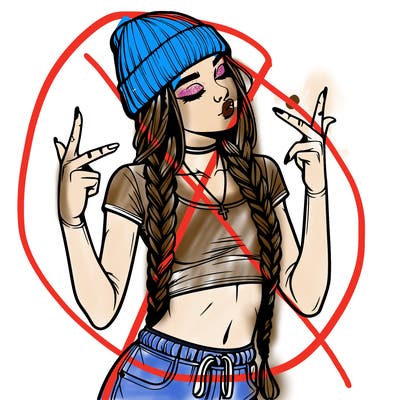 realistic teenage girl with braids and a beanie and crop top doing 🫶🏼