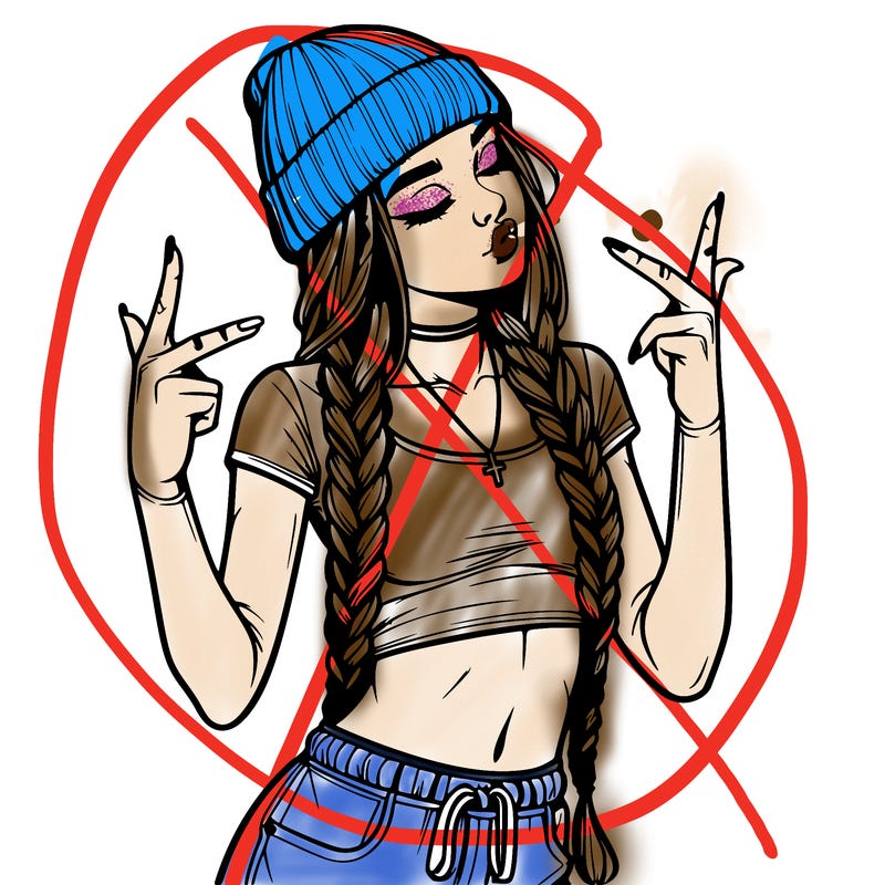 realistic teenage girl with braids and a beanie and crop top doing 🫶🏼