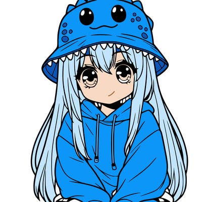 girl with anime shaped eyes with a dinosaur bucket hat oversized sweatshirt long straight hair
