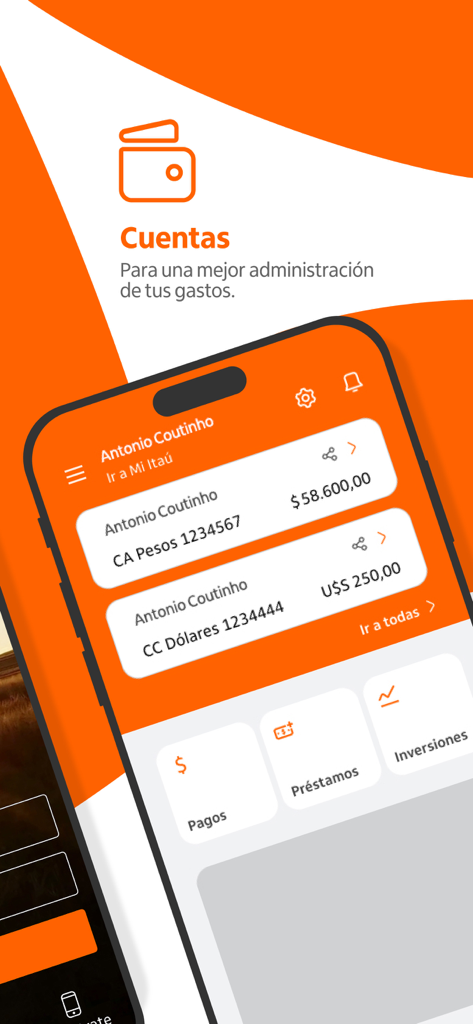 Itau UY mobile banking app interface showing account balances in Uruguayan pesos and US dollars