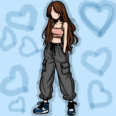 girl in baggy pants crop top and long hair