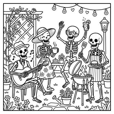 Join a lively group of skeletons celebrating at a backyard BBQ in this engaging coloring page. Designed with large print and clear outlines, it offers a delightful and accessible creative experience for seniors.
