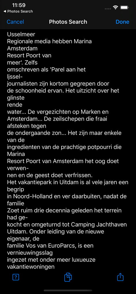 Extracted text result screen in the Photos Search Text app showing OCR processed content from a photo.