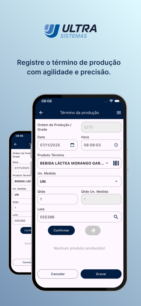 Ultra Prod App Produktionsabschluss-Schnittstelle zur Protokollierung von Fertigungsdaten auf einem Smartphone