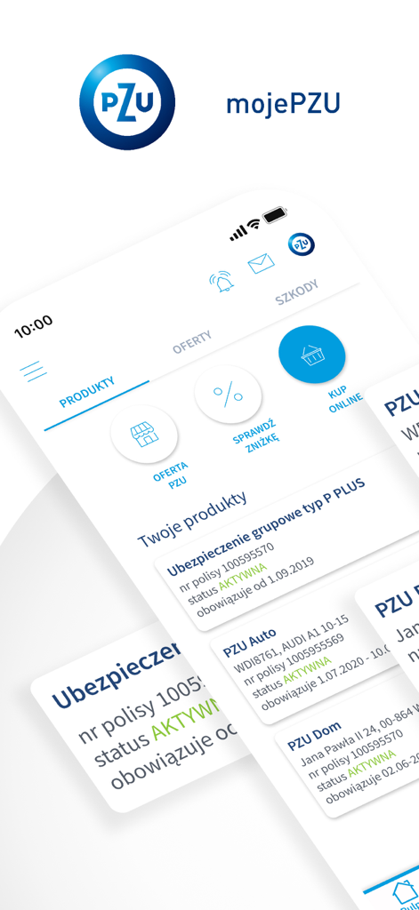 Dashboard of the mojePZU mobile app displaying insurance products and claims management.