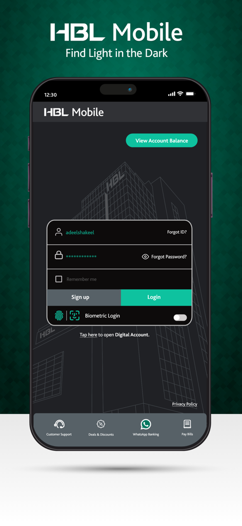 Login screen of the HBL Mobile app for secure digital banking