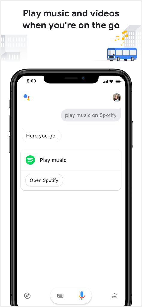 Google Assistant interface showing a voice command to play music on Spotify with an option to open the app.