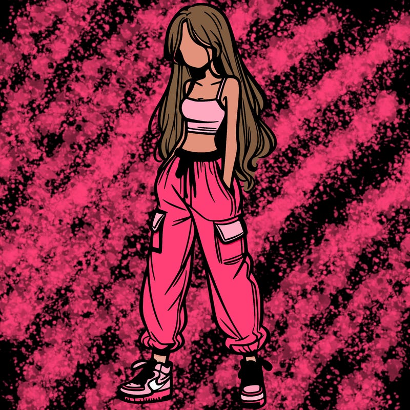 girl in baggy pants crop top and long hair