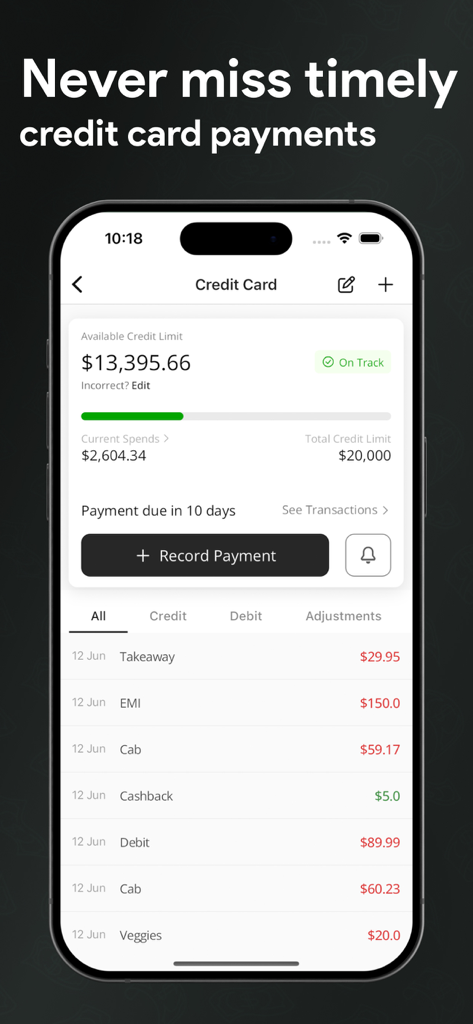 Expense Manager & Budgeting - クレジットカードの限度額と支払い期日を追跡するためのモバイルアプリインターフェース
