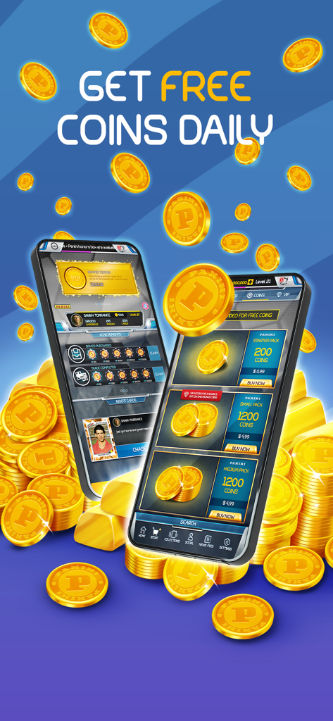 Panini Soccer App - Zwei Telefone zeigen den Panini Soccer App Store mit täglichen Gratis-Münzen und Währungspack-Angeboten