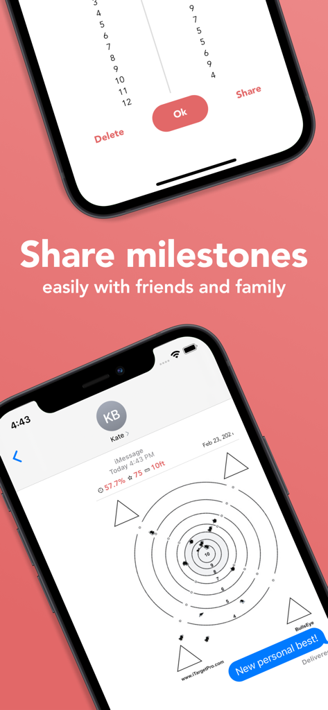 iTarget Pro - A smartphone screen displaying a shooting target with hit markers being shared through a text message