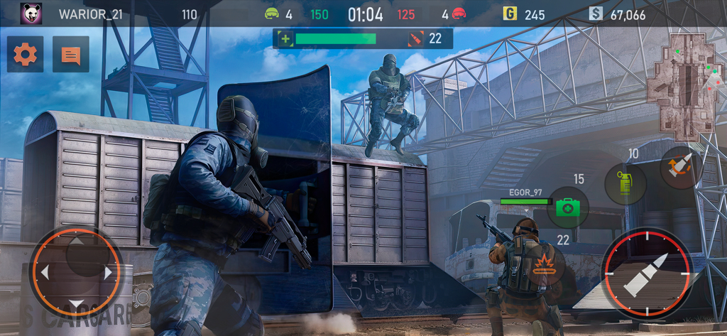 Code Of War 2: Gun shooter FPS - Soldados tácticos participando en una batalla PvP en un patio de trenes industrial en Code Of War 2