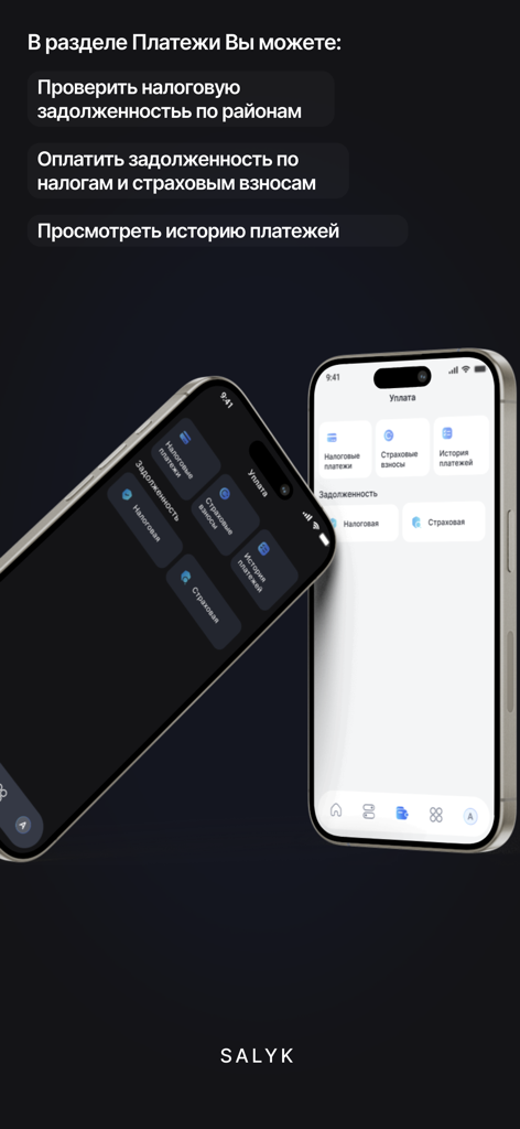 Salyk - Salyk mobile tax application interface for paying taxes and checking debt history