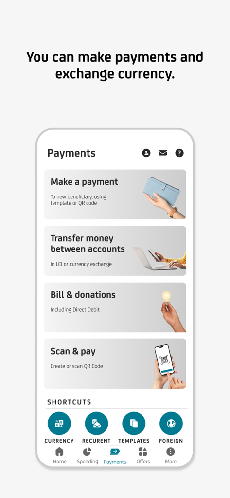 Zahlungsmenü der UniCredit RO Mobile Banking App mit Optionen für Währungsumtausch und Scan & Pay