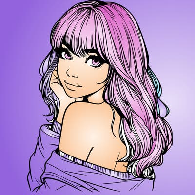 realistic girl with bangs looking over her shoulder