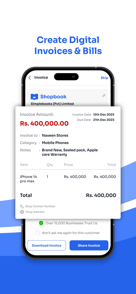 Una interfaz móvil de la aplicación Shopbook que muestra una factura digital para una transacción de pequeña empresa