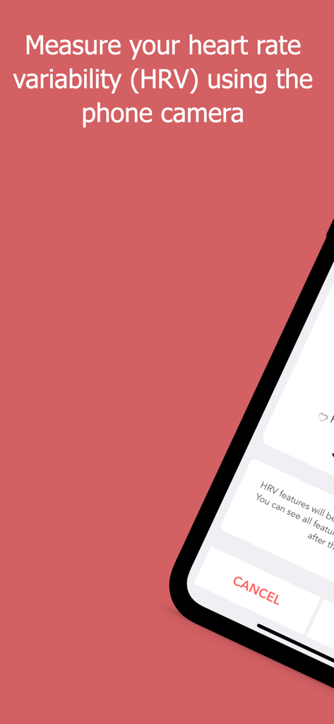 Intro screen for the Camera Heart Rate Variability app highlighting measurement using the phone camera