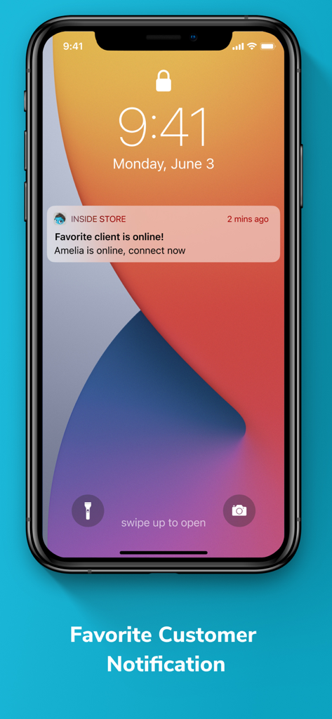 INSIDE Store - INSIDE Store 앱의 알림을 표시하는 iPhone 잠금 화면으로, 좋아하는 고객이 온라인 상태임을 알립니다.