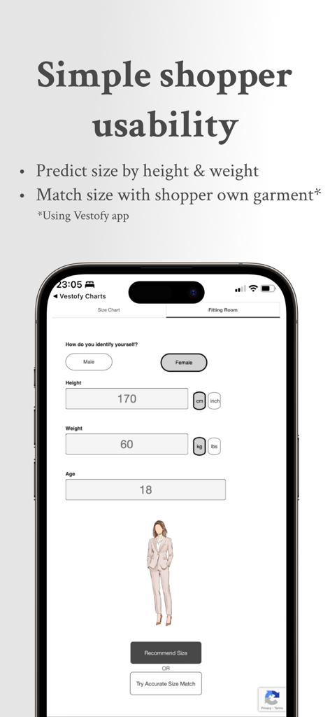 Size Guide Builder | Vestofy - Vestofy App-Oberfläche, die die Anprobe-Funktion zur Vorhersage der Kleidergröße basierend auf der Körpergröße und dem Gewicht des Käufers zeigt
