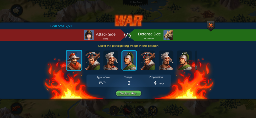 Sim Empire PvP war declaration screen showing troop selection and battle preparation