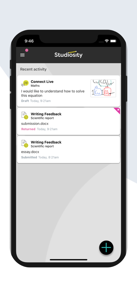 Studiosity - Studiosity mobile app screen showing recent study activity including live maths help and writing feedback status.