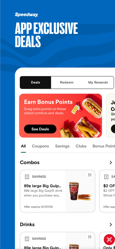 speedway mobile app interface showing exclusive deals and rewards for food and drinks