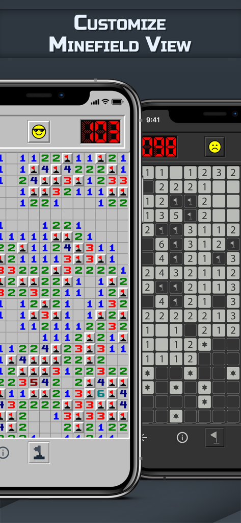 Minesweeper GO - classic game - Aplicación Minesweeper GO que muestra skins clásicas y oscuras para campos minados personalizados.