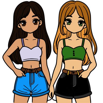 two sisters with crop tops and jean shorts and straight hair